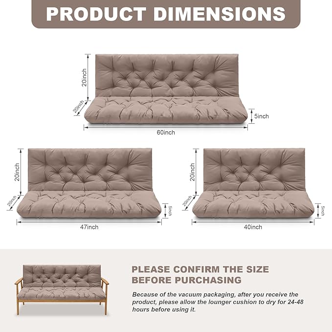 Outdoor Swing Cushions,Waterproof Swing Cushions 3 Seater Replacement with Backrest,Outdoor Thickened Bench Cushion with Ties for Porch,Patio,Backyard,Garden and Lawn (Khaki 60 * 40 in)