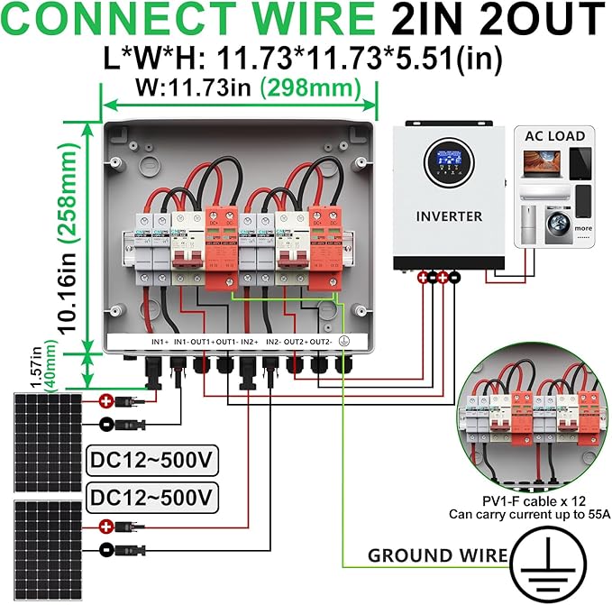 2 String Solar PV Combiner Box 2 in 2 Out IP65 DC500V 32A Circuit Breaker with Surge Protector and 15A PV Fuse,Solar Disconnect Switch Outdoor Waterproof for Solar Panels System