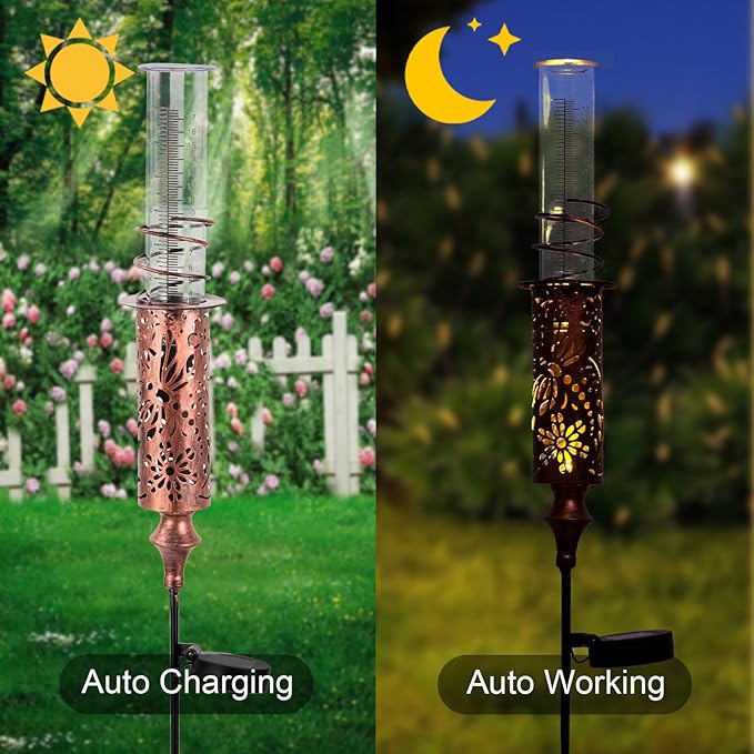 Copper Solar Rain Gauge Outdoor and 12" Bronze Sunflower Metal Outdoor Thermometer for Garden Patio Home Decor