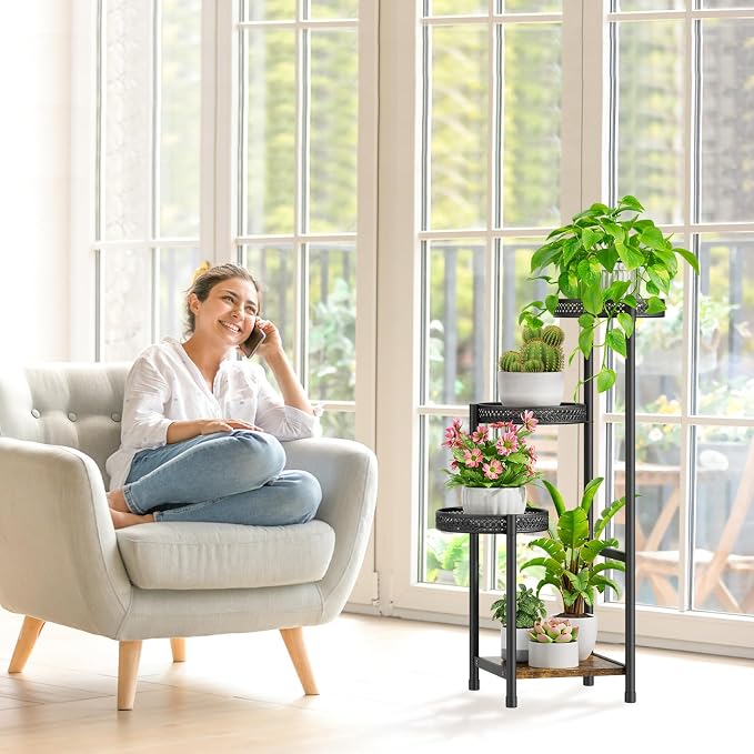 Oppro Plant Stand Set of 2, Tiered Metal Wood Corner Planter Stands Flower Shelf for Indoor Outdoor Plants