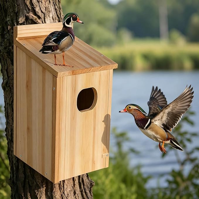 Wooden Duck Nesting Box, Wood Duck House for Outdoor Tree Mounting, 10x10x17 Inch with 4 Inch Entry Hole
