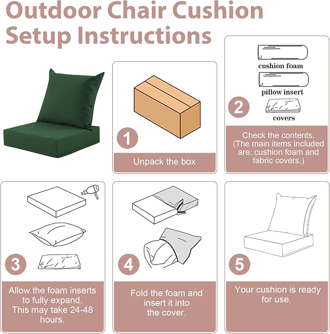 Outdoor Deep Seat Cushion Set, 24x24 Inch Water-Resistant & Fade-Resistant Outdoor Chair Cushions, Patio Furniture Cushions with Removable Cover for Patio Chair, Sofa, Forest Green (Set of 1)