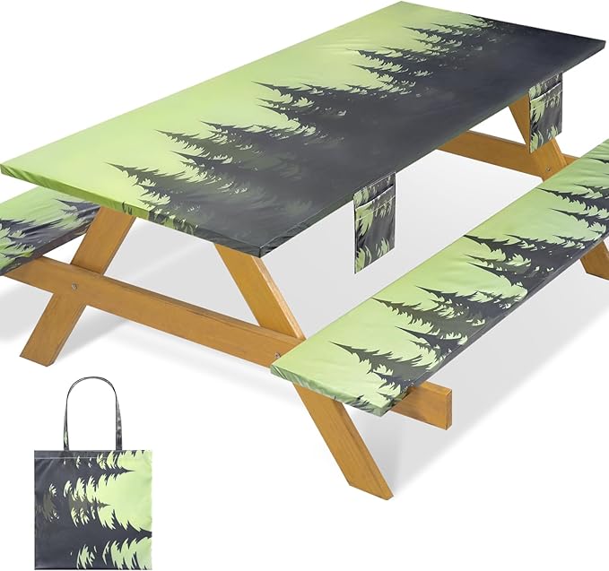 Fitted Waterproof Picnic Table Cover with Bench Covers Elastic 96×30In 3 Piece Camping Table Cloth for 8Ft Rectangle Tables Outdoor Camper Gifts Supplies Patio Rv Traveling Hiking Must Haves