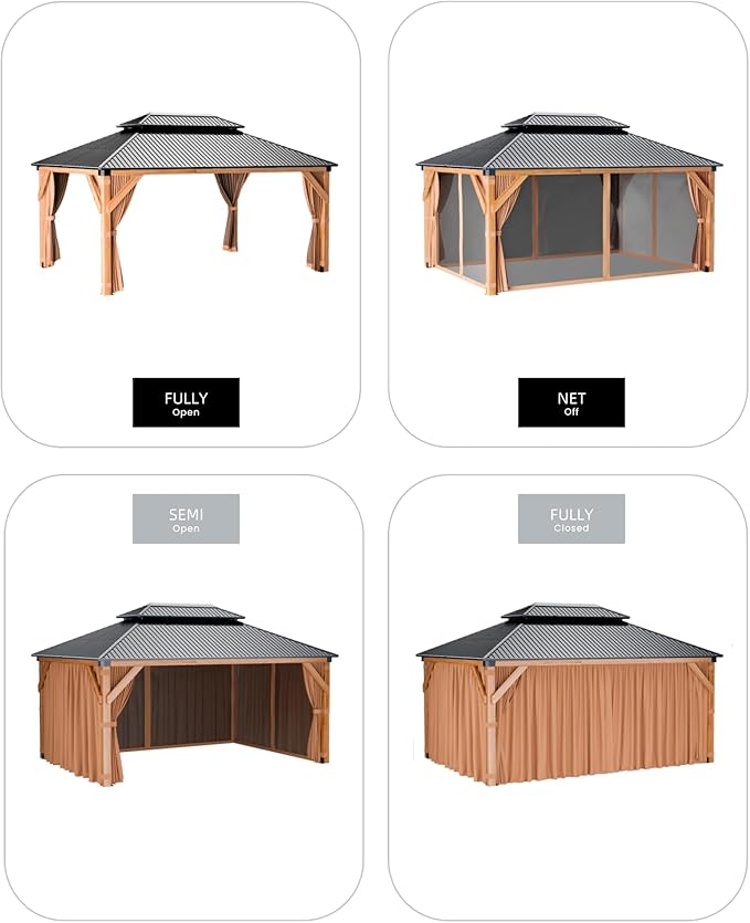 10x12 ft Hardtop Wood Gazebo for All Weather, Double Metal Roof, Heavy Duty Cedar Frame, Curtains & Netting, Permanent Outdoor Pavilion for Patio, Deck, Backyard, Lawn, Garden, Khaki