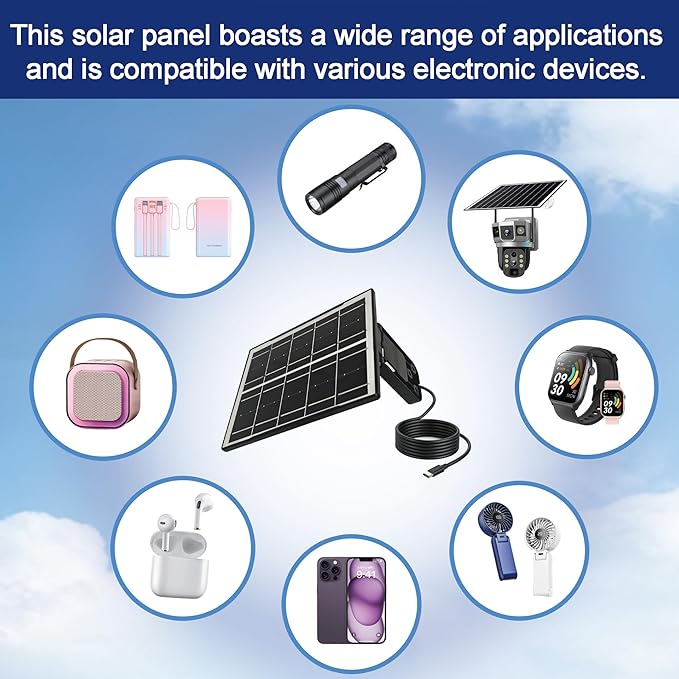 Eco-friendly 3W 5V Monocrystalline Solar Panel, Type-C Interface, IP66 Waterproof, 6.5-foot Cable, High Conversion Rate, Compatible with Various Electronic Devices