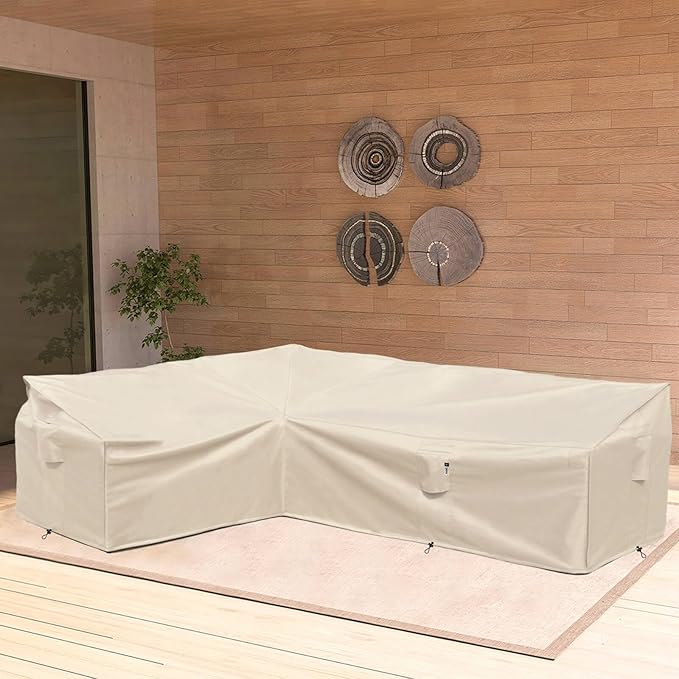 Heavy Duty Outdoor Sectional Sofa Cover, 83"X115" Waterproof 600D Patio Sectional Couch Protector, Lawn Patio Furniture Covers (Natural Beige, L-Shaped-Left Facing-83 x115)