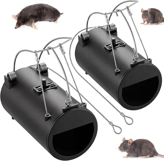 Qualirey 2 Pack Black Hole Gopher Trap with Leash, Tunnel Mole Trap Reusable Vole Traps Outdoor Rodent Control for Yard, Garden, Lawn and Farm, 6.3 x 3.5 Inch