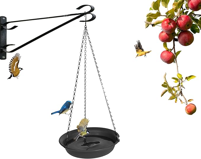 VUWEZ Hanging Bird Bath, Hanging Bird Water Feeder for Outdoors, Feeder Bowl, 1 Pack Birdbath Tray Accessories for Outside, Plastic Birdbaths Tray for Garden Patio Decoration (10", Dark Black)