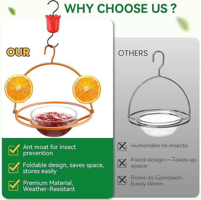 Metal Oriole Feeders for Outdoors Hanging with Ant Moat and Fruit Holder, Oriole Feeder with Glass Bowl, Easy to Disassemble and Wash, Bird Feeder for Garden, Outdoor, Gift (1 Pack, Orange)
