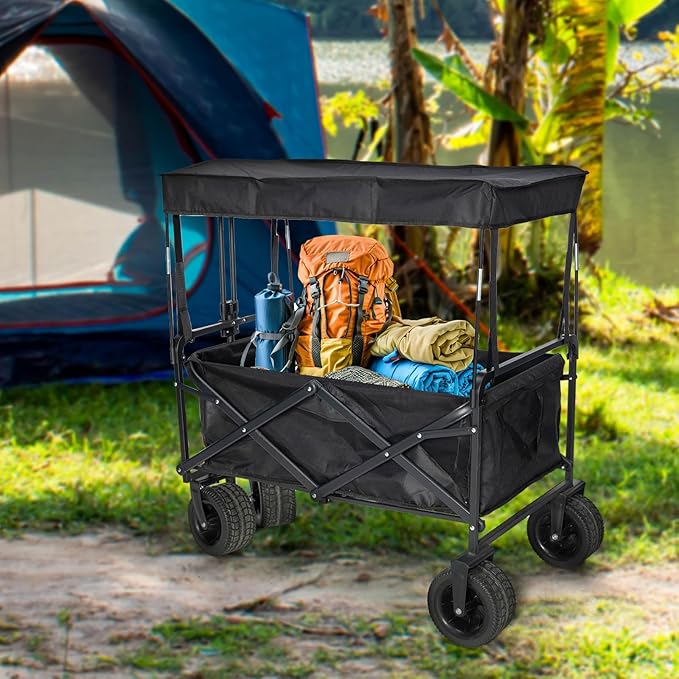 Removable Wagon Canopy Attachment with Rods – Foldable Sun Shade Cover for Collapsible Beach Utility Push Pull Cart, Outdoor Picnic Trolley (Black)