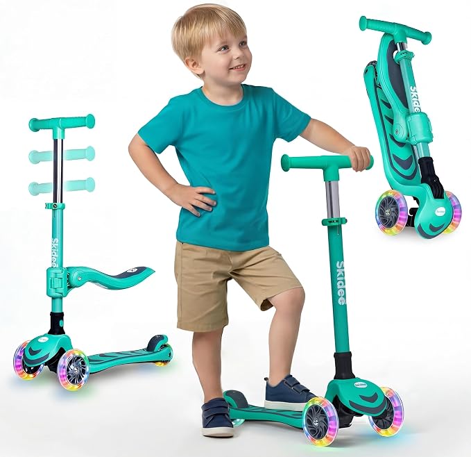 SKIDEE Kick Scooter for Kids Ages 3-5 | Foldable 3 Wheel Scooter with Lean-to-Steer, Adjustable Height, Removable Seat & LED Light Wheels | Toddler Scooter Up to 12 Year Old Boys/Girls