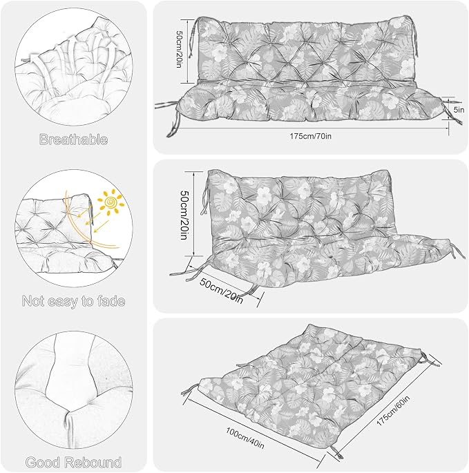 Porch Swing Cushions Outdoor 70 inch x 40 Waterproof Swing Cushions 3 Seater Replacement with Backrest & 8 Ties 5" Thick Bench Swing Cushions for Outdoor Furniture Patio(Green Leaves)