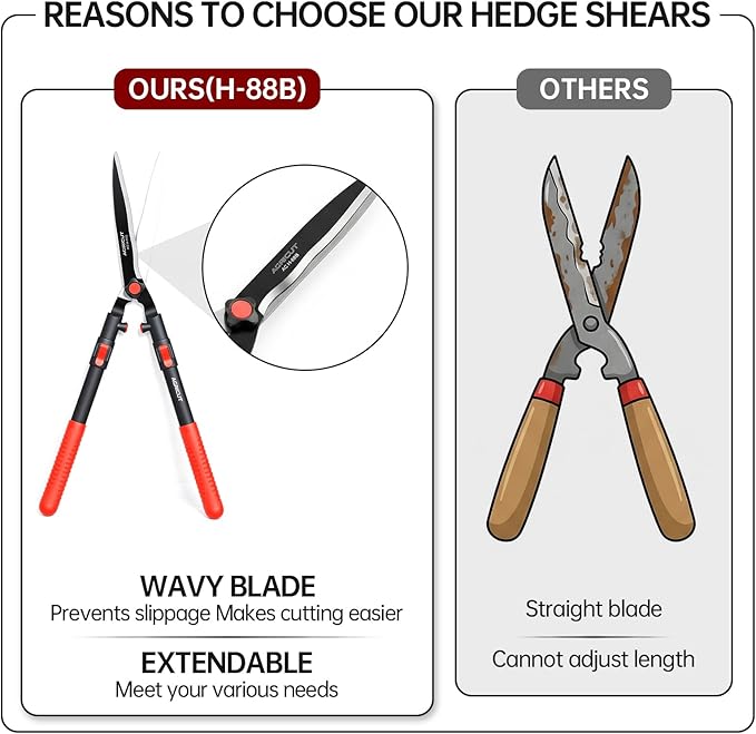 AGRICUT Garden Hedge Shears Extendable - Hedge Clippers Handheld with Wavy Blade High Carbon Steel Telescopic Hedge Trimmer for Garden Yard