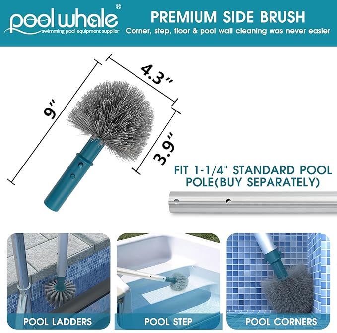 20'' Pool Brush Head, Detachable Pool Cleaning Brush with Durable Around Nylon Bristles, EZ Clip Aluminum Handle- Clean Swimming Pools Walls, Steps & Corners Faster