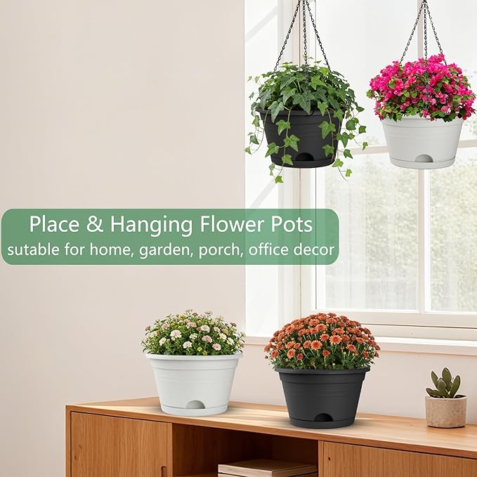Nooulap 4 Pack Hanging Planters, 10 Inch Plant Pots with Hanger Chain & Drainage Trays, Hanging Baskets for Plants Outdoor Indoor, Flowers Pots for Home, Garden, Porch Decor (2 Grey + 2 Black)