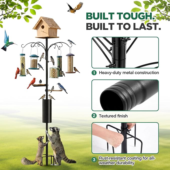 Yaocom 9.8ft Raccoon Proof Bird Feeder Pole with 18 Inch Arms Squirrel Baffle Heavy Duty Backyard Feeding System Supports up to 25 Lbs for Garden Bird Lovers, Compatible with Brome Feeders