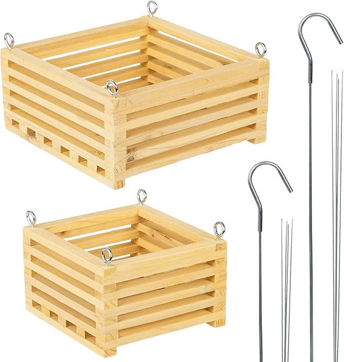 Wooden Orchid Baskets with Hangers for Epiphytes & Vandas, 6" & 8" Square Hanging Planter Set for Patio, Balcony Decor, Garden Flower Pots for Indoor Outdoor Plants, 2 Pack
