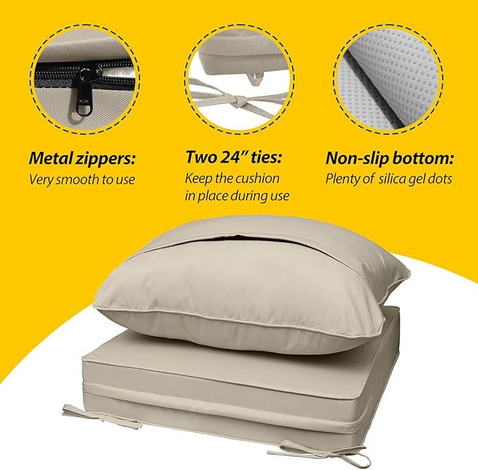 AAAAAcessories Outdoor Seat Cushions for Chairs, Fade-Resistant, Waterproof Patio Furniture Replacement Cushions, 23.5" x 25.5" x 5" + 23.5" x 19", Beige