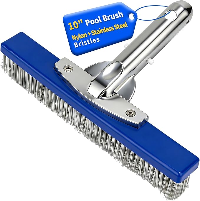 10-Inch Pool Brush Head - Combo Nylon & Stainless Steel Wire Bristles, Heavy Duty Metal Pool Brush for Extra Scrubbing Power, for Cleaning Inground Pool Tiles, Concrete, Walls, Floor, Steps, Corners