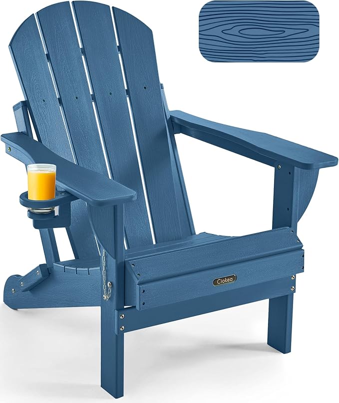 Ciokea Folding Adirondack Chair Wood Texture, Patio Adirondack Chair Weather Resistant, Plastic Fire Pit Chair with Cup Holder, Lawn Chair for Outdoor Porch Garden Backyard Deck (Royal Blue)