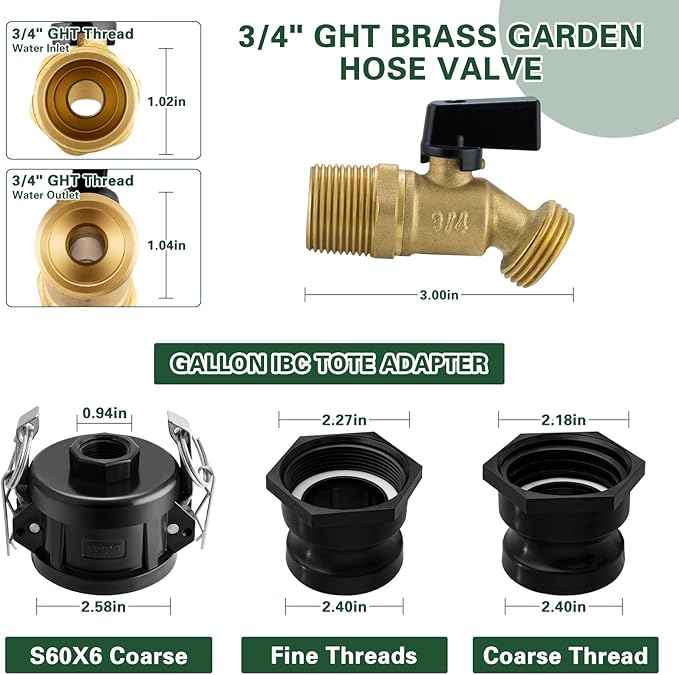 IBC Tote Adapter, 2" Cam Lock for 275-330 Gallon IBC Tote Tank with 2packs Groove Fittings, IBC Tote to Garden Hose Adapter with Brass Hose Faucet (3/4" Male NPT Inlet ×3/4" Male GHT Threaded)