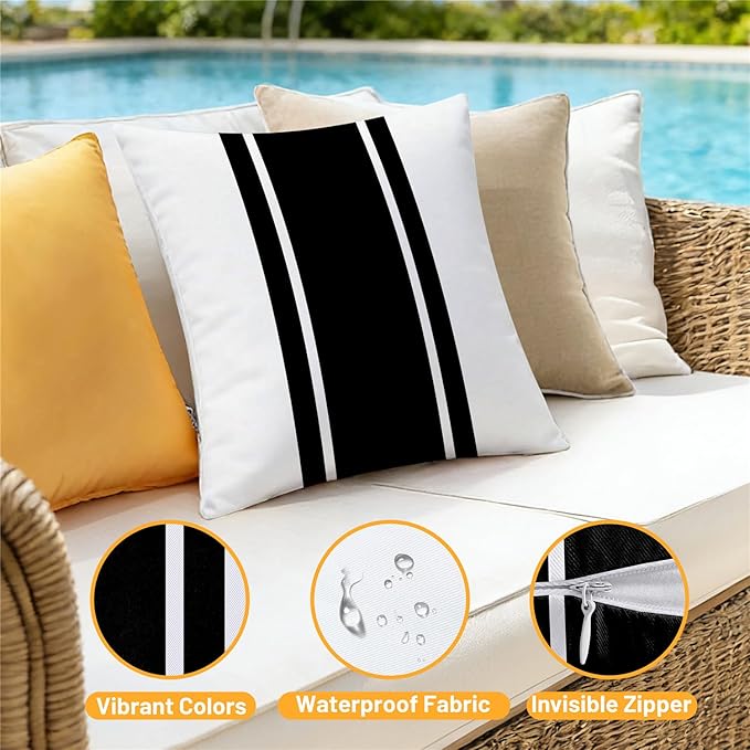 Outdoor Waterproof Throw Pillow Covers 18x18 Set of 4 Black Modern Geometry Decorative Cushion Cases for Patio Furniture Garden Porch Bench Couch Sunbrella