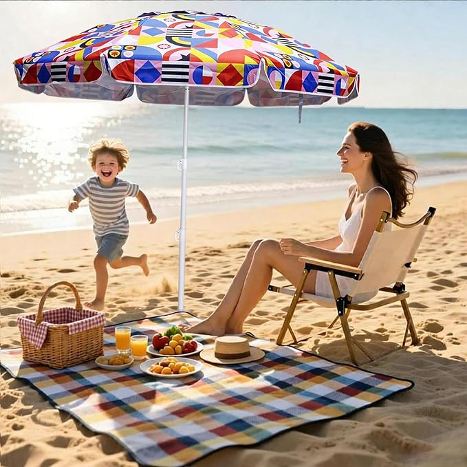 LOTTAFUN 6ft Beach Umbrella - Heavy Duty Wind Resistant UV 50+ Portable Sun Shade with Sand Anchor & Carry Bag, Outdoor Folding Umbrella for Beach, Pool, Patio, Garden (Blue strip)