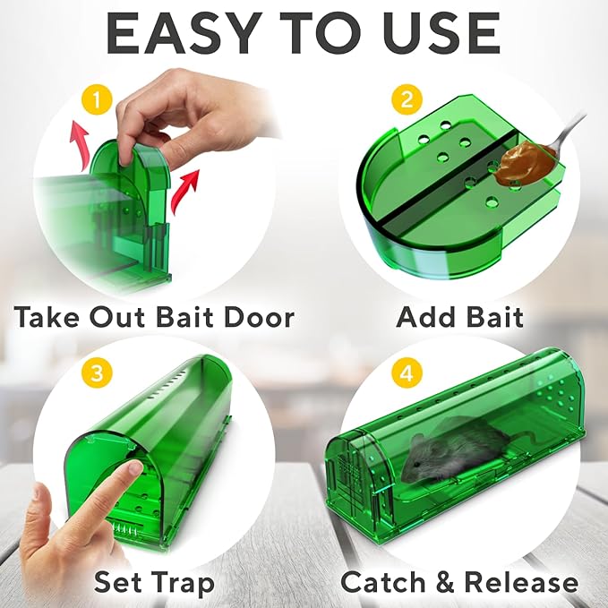 Humane Catch and Release Mouse Traps Pack of 4 - Perfect for House, Indoor & Outdoor - Easy Set Durable Mice Traps, Safe for Children, Pets & Humans - Instantly Remove Unwanted Rodents from Your Home