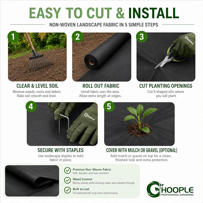HOOPLE 3FT*100FT Premium Landscape Fabric Weed Barrier, Durable & Heavy-Duty, Thick Weed Barrier Fabric, Easy Setup & Superior Weed Control