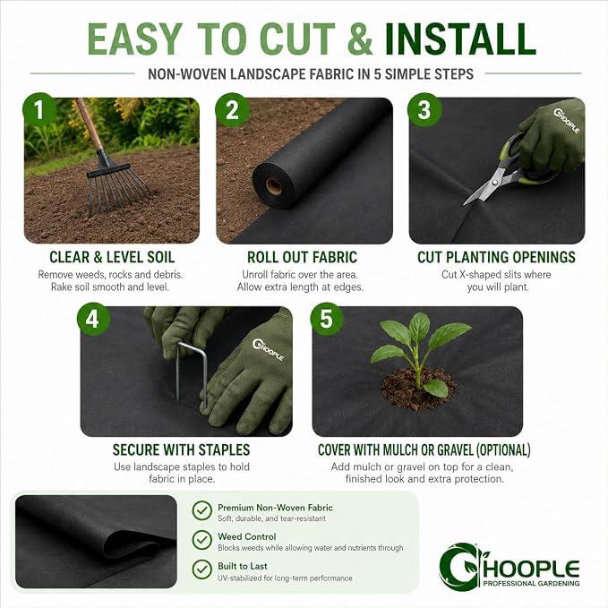 HOOPLE 3FT*100FT Premium Landscape Fabric Weed Barrier, Durable & Heavy-Duty, Thick Weed Barrier Fabric, Easy Setup & Superior Weed Control (3ft*100ft fold)