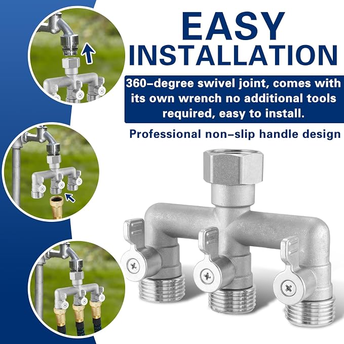 304 Stainless Steel 3 Way Garden Hose Splitter, Heavy Duty Hose Bib Splitter with 3 Shut Off Valves, High Flow Outdoor Faucet Splitter, 3/4" GHT Water Hose Connector for Garden, Yard, Irrigation