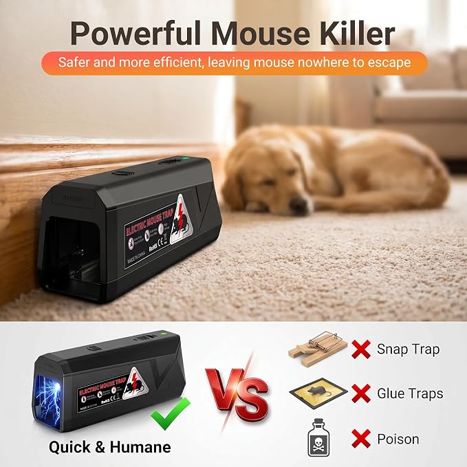 Electric Mouse Traps Indoor for Home, 2 Pack Electronic Mouse Trap Zapper with High Voltage, Intelligent Indicator & Buzzer Alert, Reusable & No-Touch Humane Mice Killer for Kitchens Warehouse Office