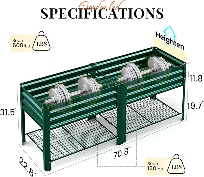 KING BIRD Large Raised Garden Bed with Legs & Storage Shelf Galvanized Elevated Planter Box for Backyard, Patio, Balcony, 600lb Capacity, Green 70.9x22.8x31.5 in