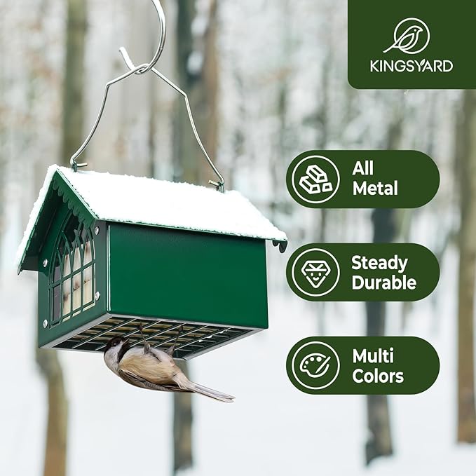 Kingsyard Double Upside Down Suet Feeder with Weatherproof Roof, All Metal Suet Feeders for Outdoors Hanging, Great for Downy Woodpecker Nuthatch Chickadee, Green