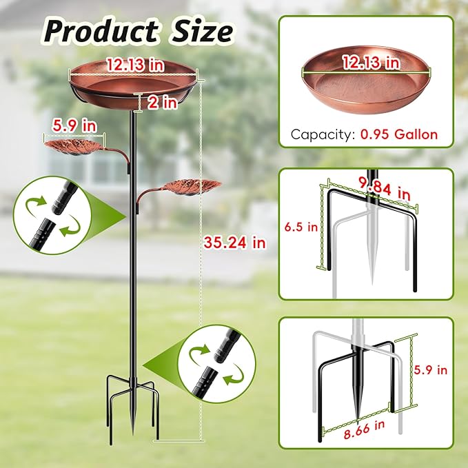 DRQ 35'' Metal Bird Bath for Outside, 12'' Dia × 2'' Deep Birdbath Bowl, Bird Feeder with 6.5'' 5-Pronged Base for Garden Decor, Patio, Yard, Lawn – Vintage Brown