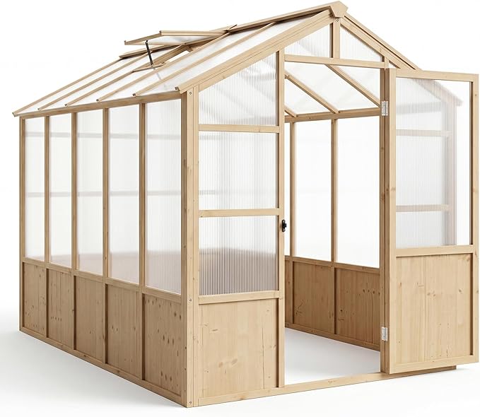 GarveeLife 6'x10' Wooden Greenhouse for Outdoor, Large Walk-in Greenhouse Kit with Ventilated Window, Door & Polycarbonate Panels, Heavy Duty Wood Frame Green House for Patio Garden Backyard
