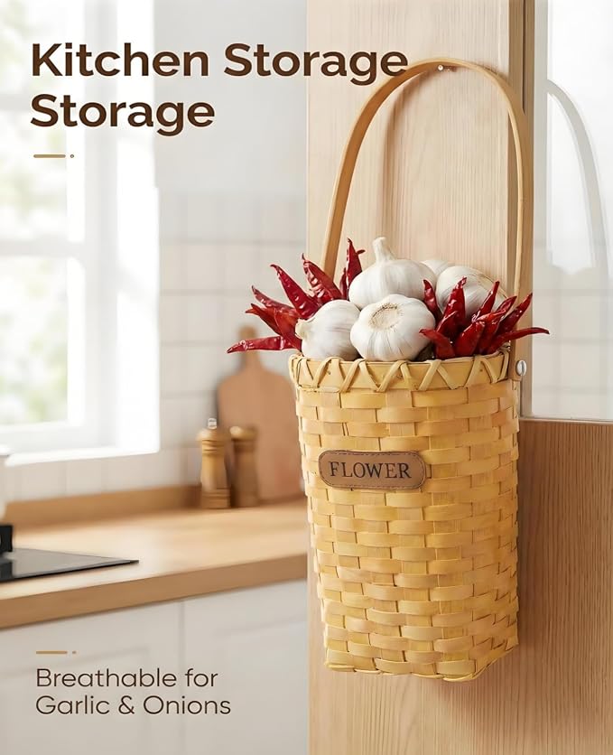 AceList Woven Hanging Basket for Wall Door, 9 Inch Tall Wood Storage Basket for Living Rooms, Kitchen, Rustic Farmhouse Pocket Basket with Long Handle for Dried Flower Decor With flower tags