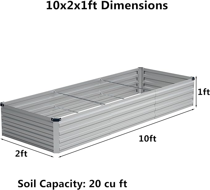 zunatu 10x2x1ft(2 Pack) Galvanized Raised Garden Bed,Outdoor Planter Boxes Metal Patio Kit Planting Bed for Vegetables Flowers,Silver