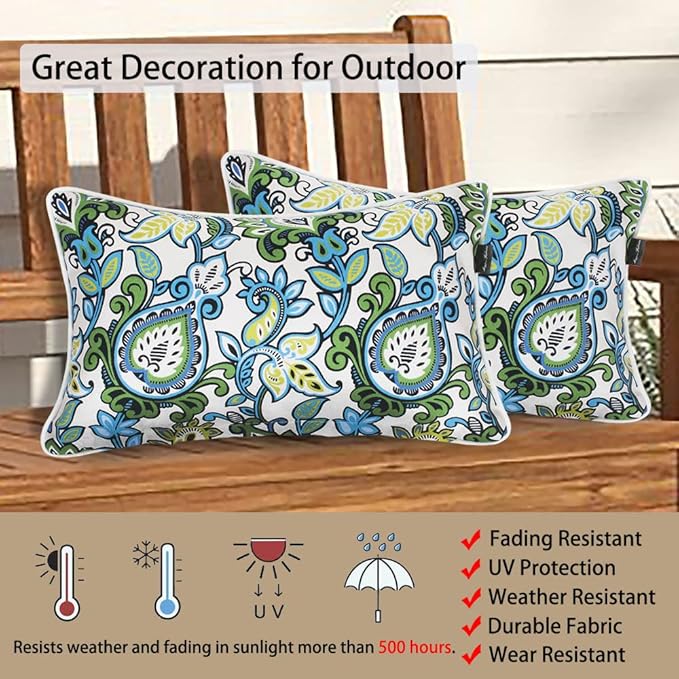 Pack of 2 Outdoor Waterproof Lumbar Rectangular Throw Pillow with Insert, Home Decorative Toss Pillows All Weather Cushion for Patio Garden Car Office (12x20 Inch, Botanical Blue Green)