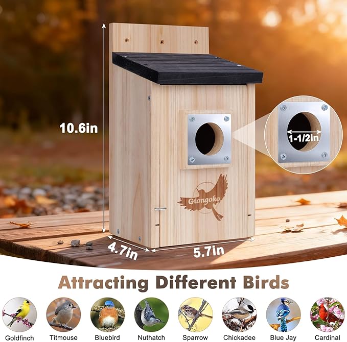 Gtongoko 2 Pack Bird Houses for Outside, Bluebird Nesting Box with Metal Predator Guard, Wooden Birdhouse Kit for Chickadees, Swallows & Finches, Assembly Required