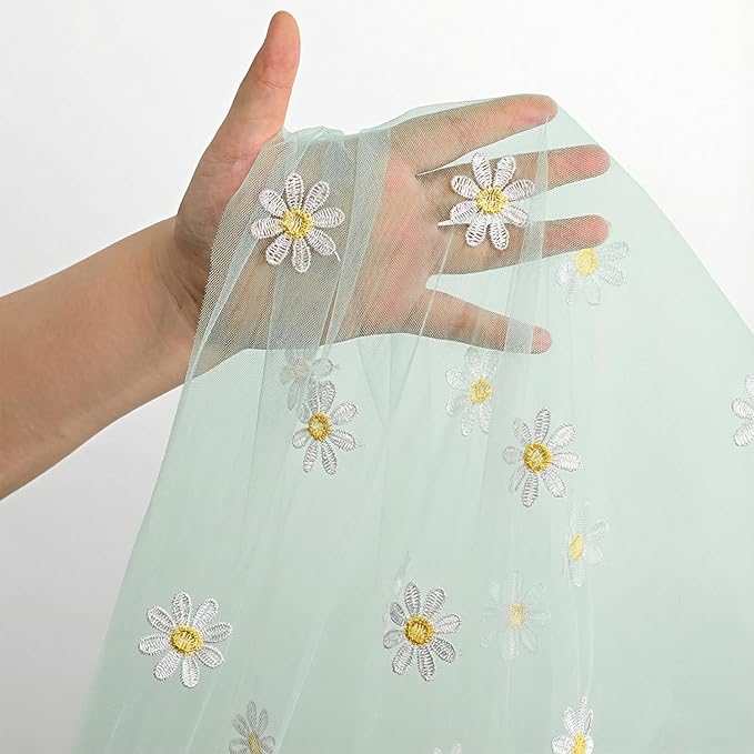 Horaldaily Green Embroidery Daisy Spring Summer Gauze Tablecloth 60×104 Inch Rectangular, Seasonal Tulle Table Cover, Garden Party Decorations for Wedding, Party, Holiday Dining