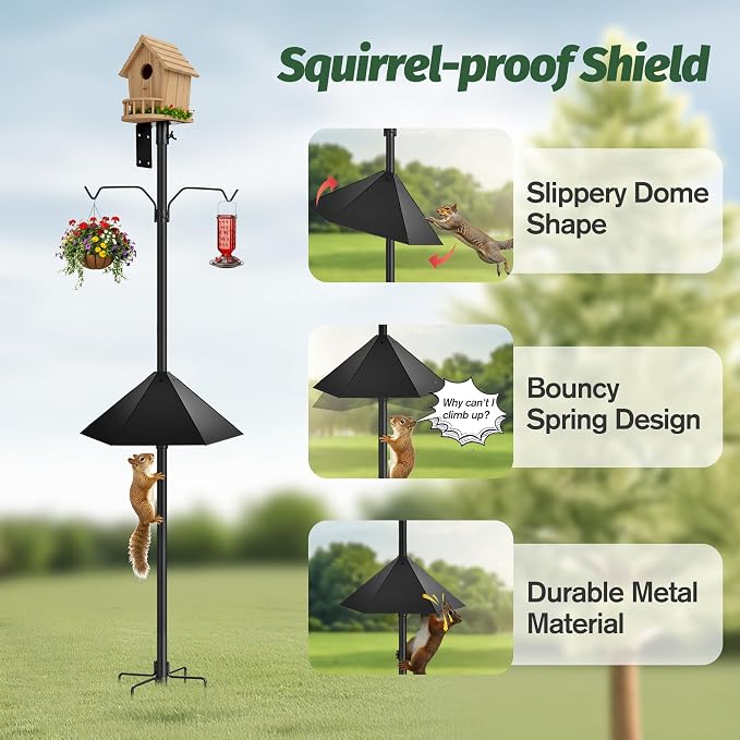 79 Inch Bird Feeder Pole Kit, Squirrel Baffle, 5-Prong Base | Heavy-Duty Metal Pole, for Bird Houses, Garden Décor, Backyard and Patio Use