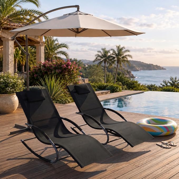 Garvee Outdoor Lounge Chair, Rocking Chair, Lounge Chair Recliner with Detachable Pillow for Patio, Lawn, Pool, Outdoor Home Furniture, Black