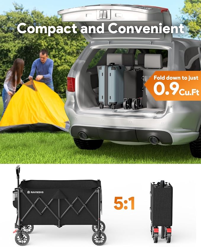 Collapsible Foldable Wagons with Wheels, 440lbs Capacity Wagons Carts Foldable, Utility Wagon Carts with Brakes for Grocery, Camping, Sports