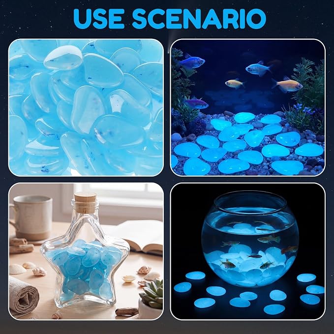 Landical 100 Pcs 1.8 Inch Large Glow in The Dark Rocks Pebbles Outdoor Fish Tank Rocks Aquarium Gravel Luminous Stones for Walkway Succulent Plant Halloween Decor (Blue)