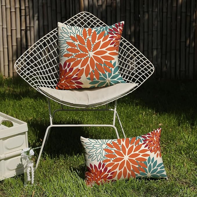 DFXSZ Orange Teal Red Flower Pillow Covers 12x20 Inch Set of 2 Fall Throw Pillows Outdoor Waterproof Decor for Living Room Sofa Patio Funiture Garden Floral Polyester Pillow Covers 002Y12