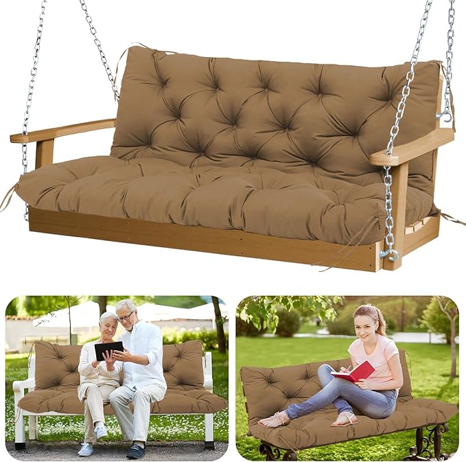 Premium Outdoor Swing Cushions 70x40 inch Waterproof Porch Swing Cushions 2-3 Seater Replacement with Backrest and Ties Swing Cushion for Outdoor Furniture Patio Porch Backyard Garden (Coffee)
