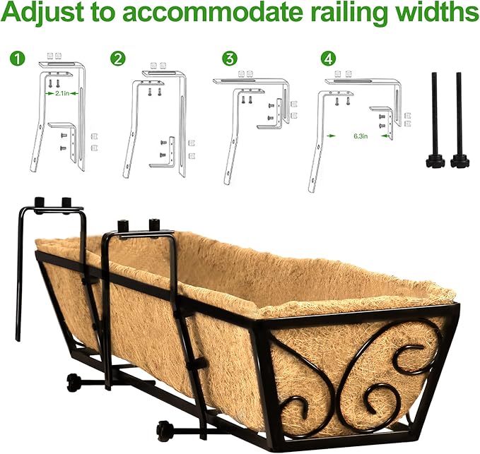 2PCS 30 Inch Railing Planter with Adjustable Brackets, Window Box with Coco Liner, Hanging Flower Box for Balcony Deck Fence, Metal, Black