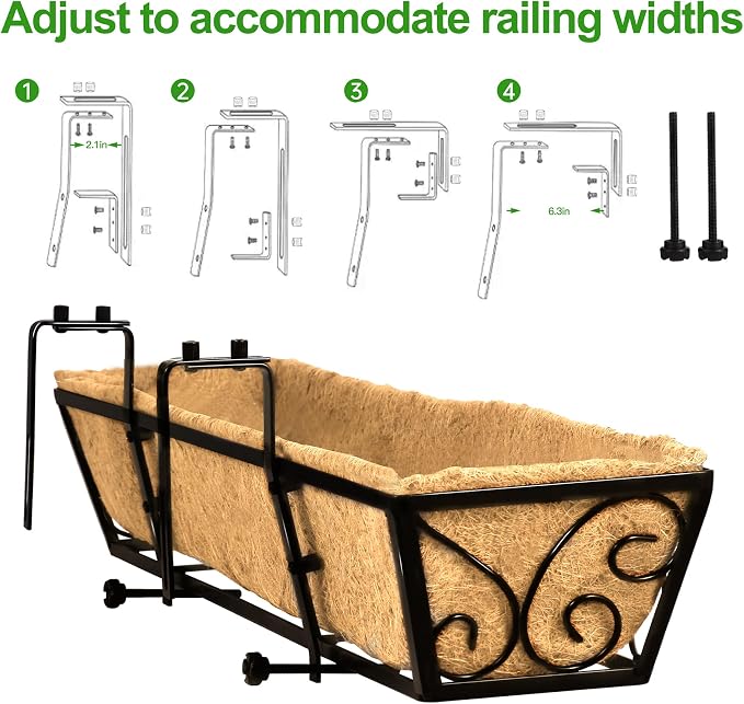 6PCS 30 Inch Railing Planter with Adjustable Brackets, Window Box with Coco Liner, Hanging Flower Box for Balcony Deck Fence, Metal, Black