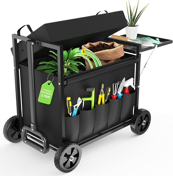 Garden Seat with Wheels, Garden Cart with Seat, 400 lbs Garden Rolling Utility Cart with Foldable Side Trays, for Gardening, Patio, Backyard, Gardening Gifts for Fathers Day
